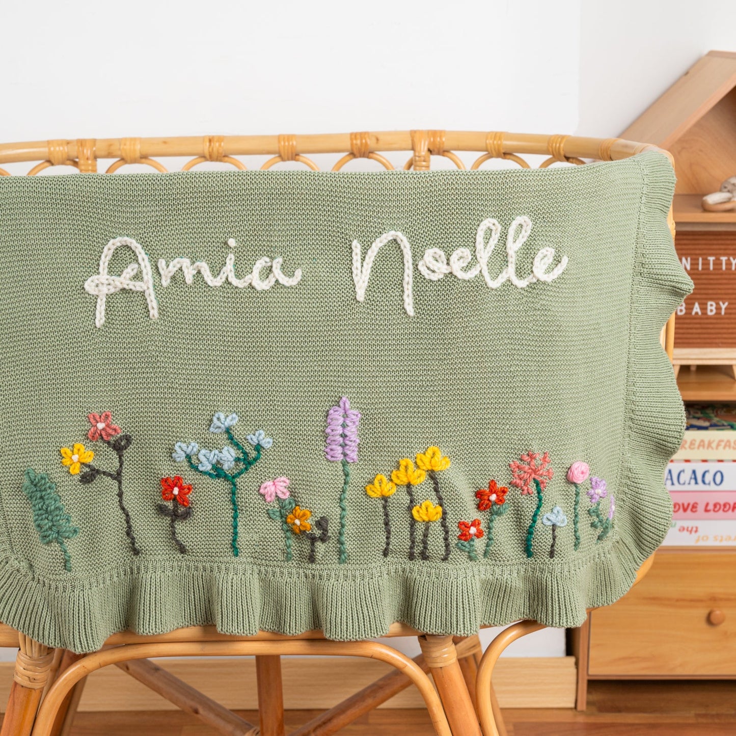Hand Embroidered Floral Baby Name Blanket – Personalized Knit Newborn Blanket, Custom Keepsake Gift