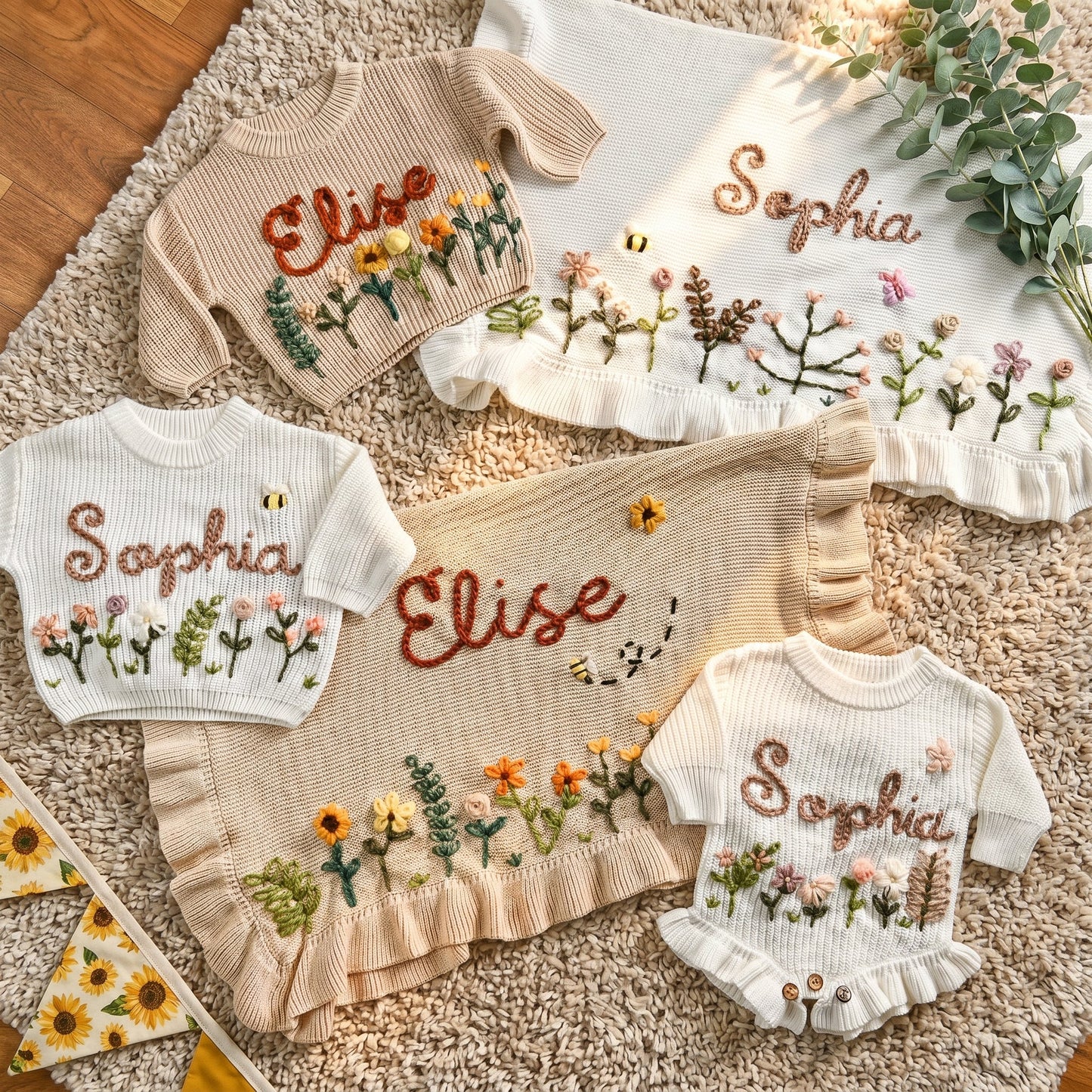 Hand Embroidered Floral Baby Sweater – Custom Name Knit Pullover, Newborn & Infant Gift