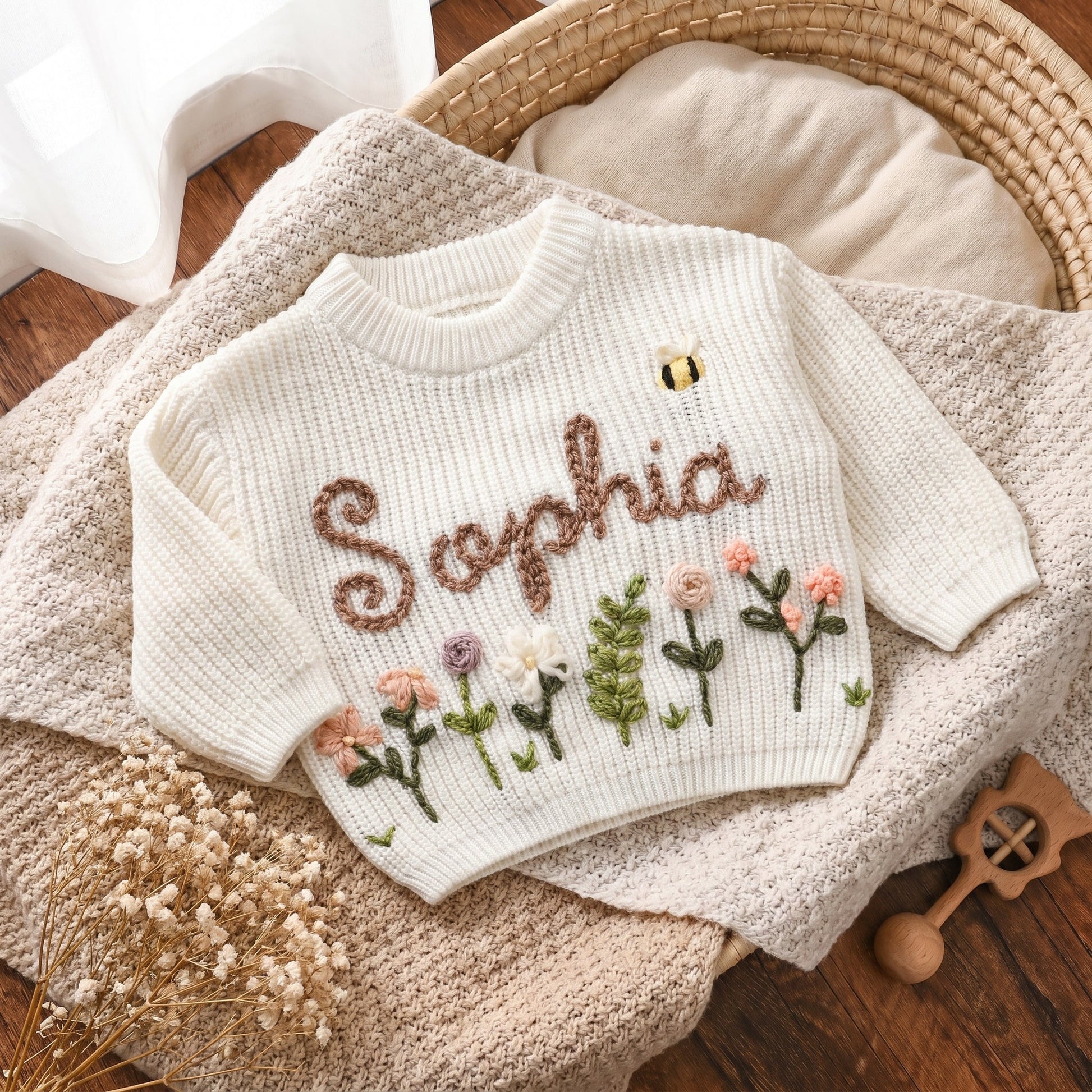 Hand Embroidered Floral Baby Sweater – Custom Name Knit Pullover, Newborn & Infant Gift