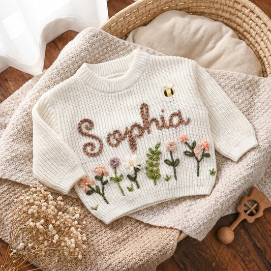 Hand Embroidered Floral Baby Sweater – Custom Name Knit Pullover, Newborn & Infant Gift
