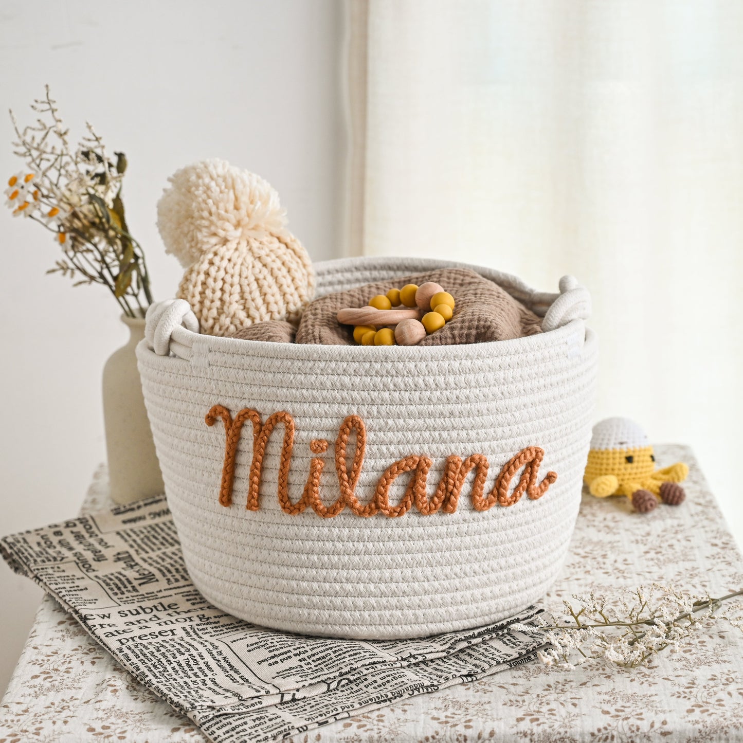 Personalized Baby Gift Basket – Custom Name Cotton Rope Storage Bin, Nursery Organizer, Baby Shower Gift