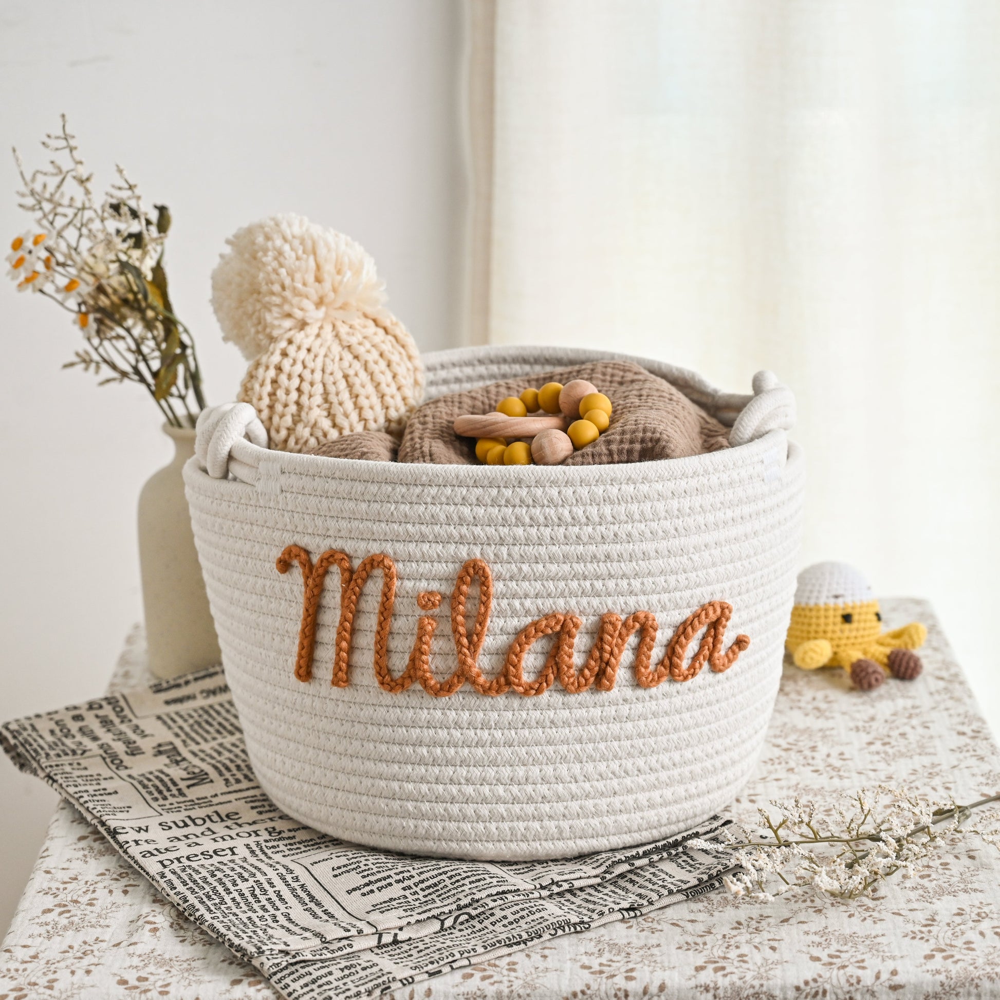 Personalized Baby Gift Basket – Custom Name Cotton Rope Storage Bin, Nursery Organizer, Baby Shower Gift