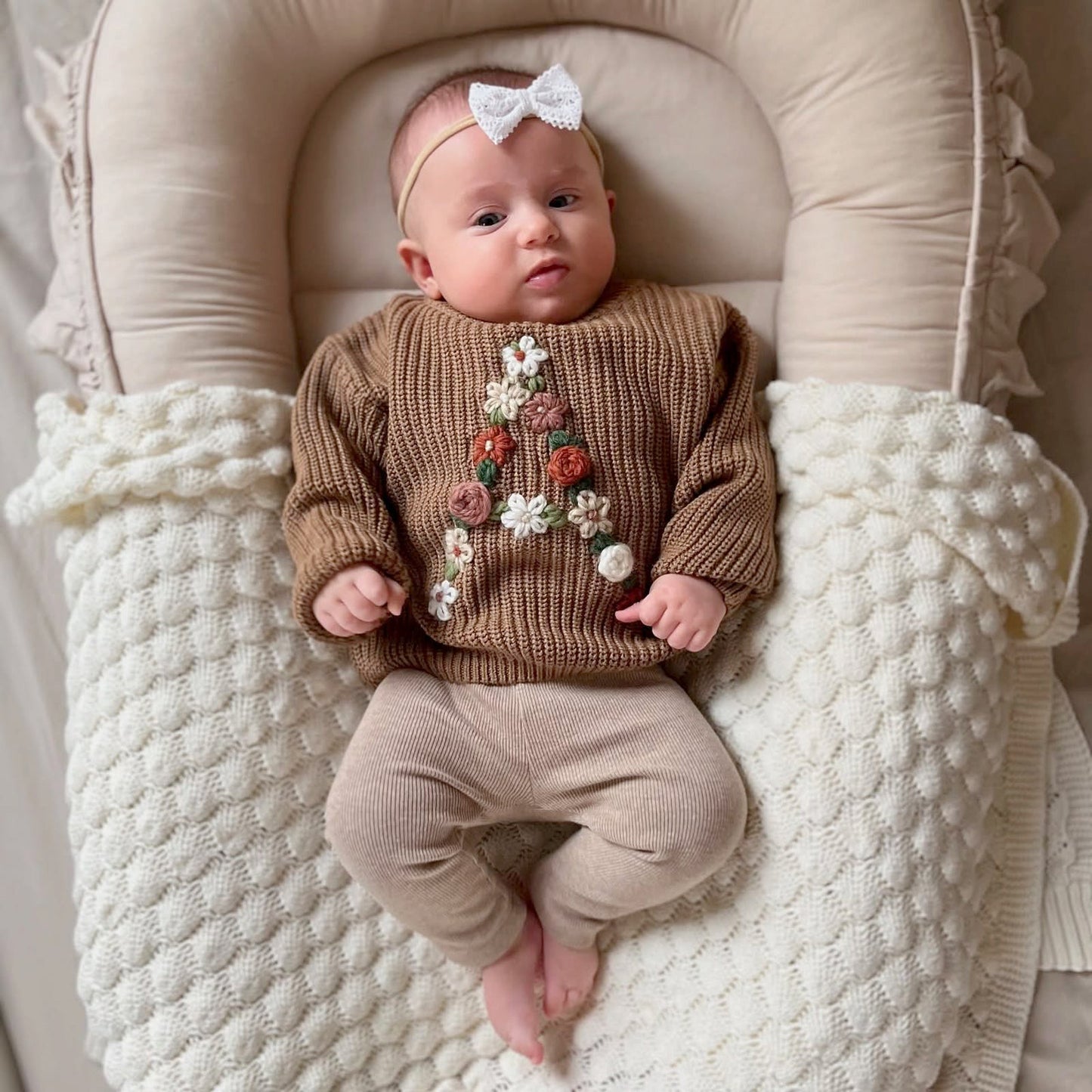 Floral Personalized Baby Sweater – Hand Embroidered Name Knit Sweater, Custom Toddler Outfit, Baby Girl Gift