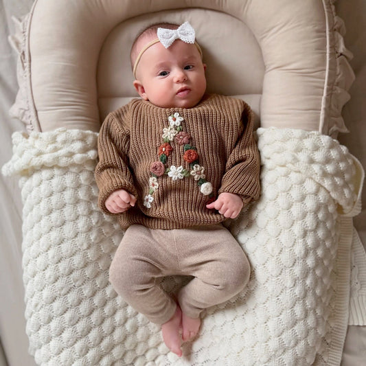 Floral Personalized Baby Sweater – Hand Embroidered Name Knit Sweater, Custom Toddler Outfit, Baby Girl Gift