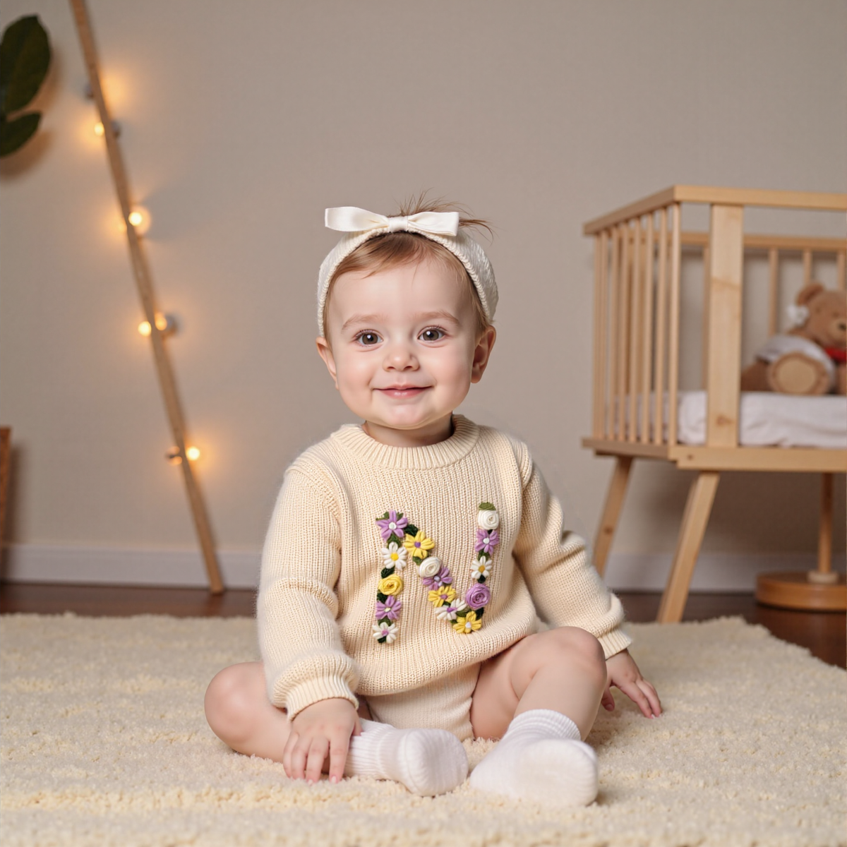 Floral Personalized Baby Sweater – Hand Embroidered Name Knit Sweater, Custom Toddler Outfit, Baby Girl Gift