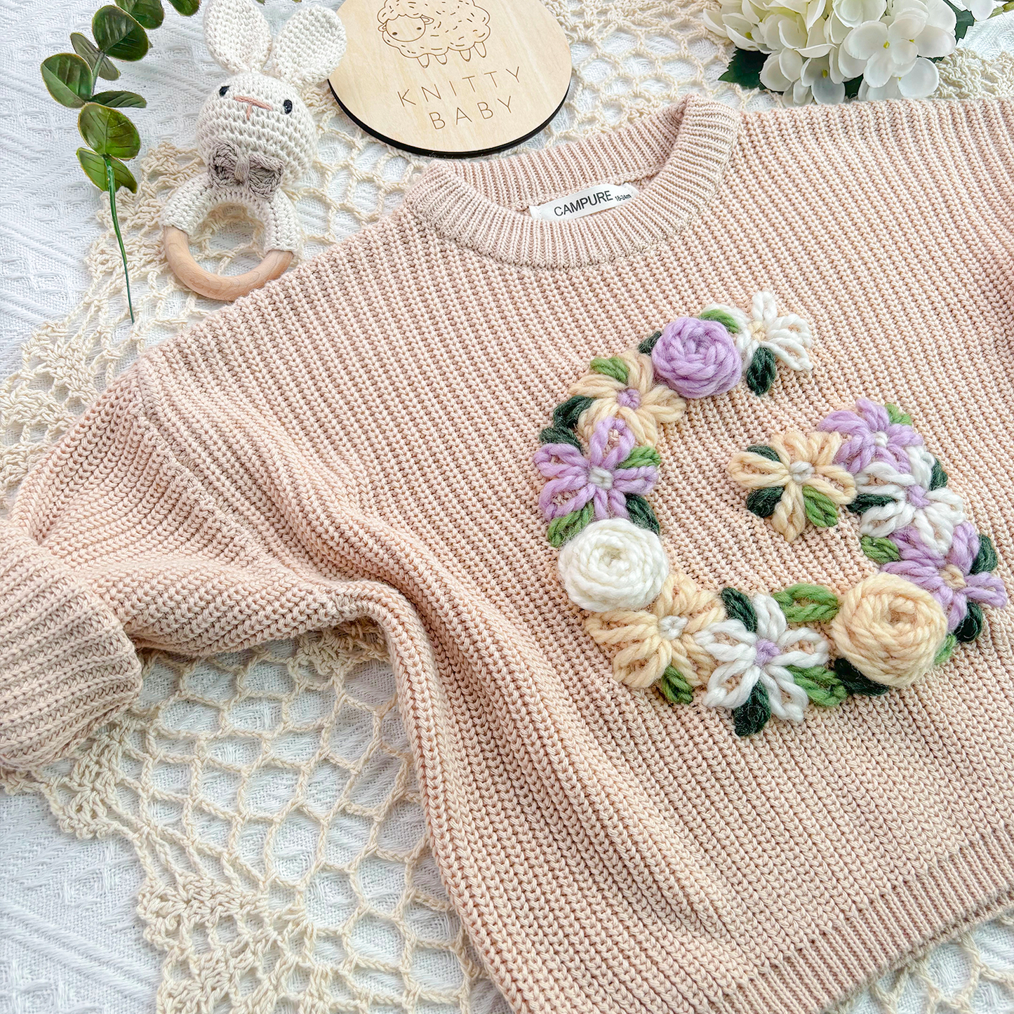 Floral Personalized Baby Sweater – Hand Embroidered Name Knit Sweater, Custom Toddler Outfit, Baby Girl Gift