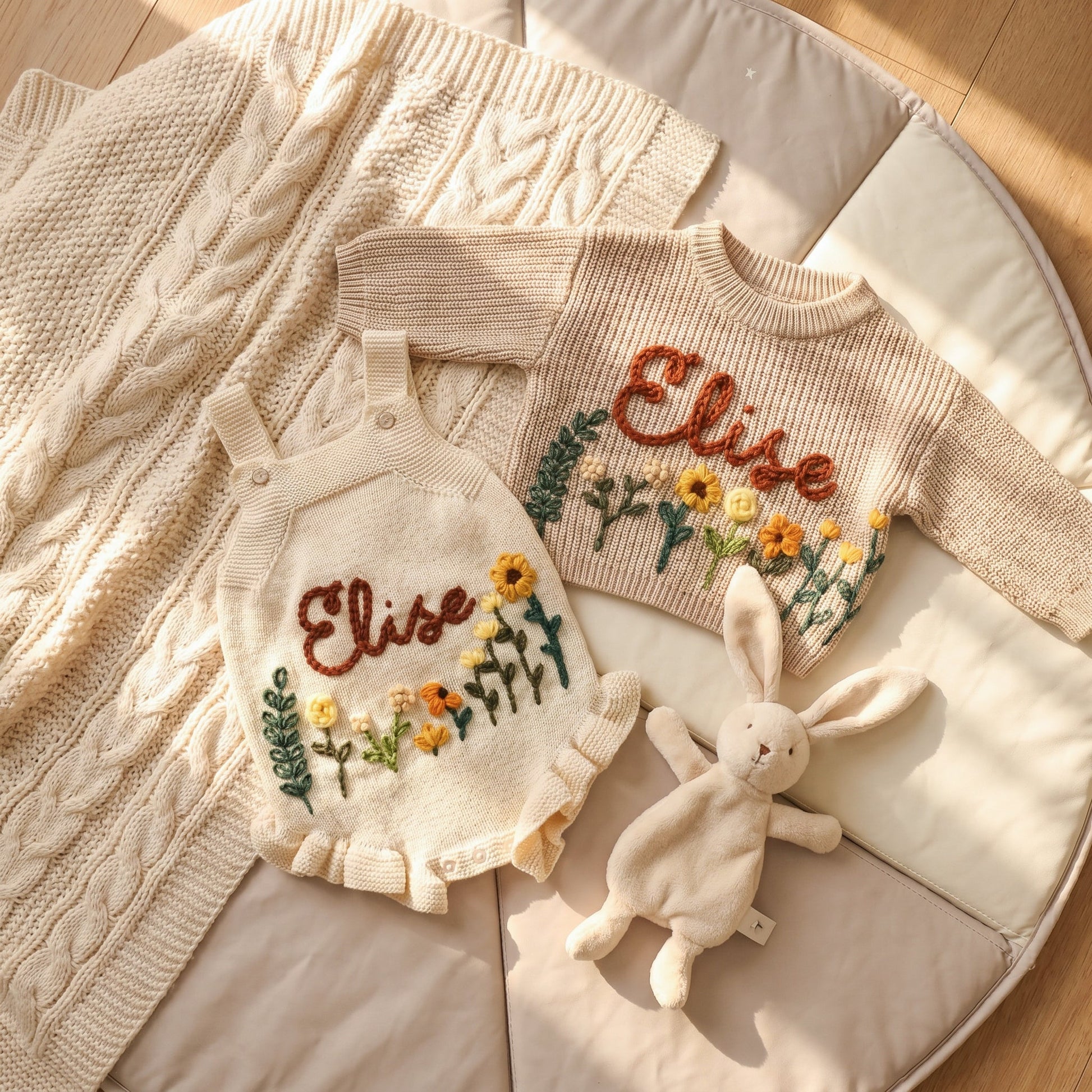 Hand Embroidered Floral Baby Sweater – Custom Name Knit Pullover, Newborn & Infant Gift