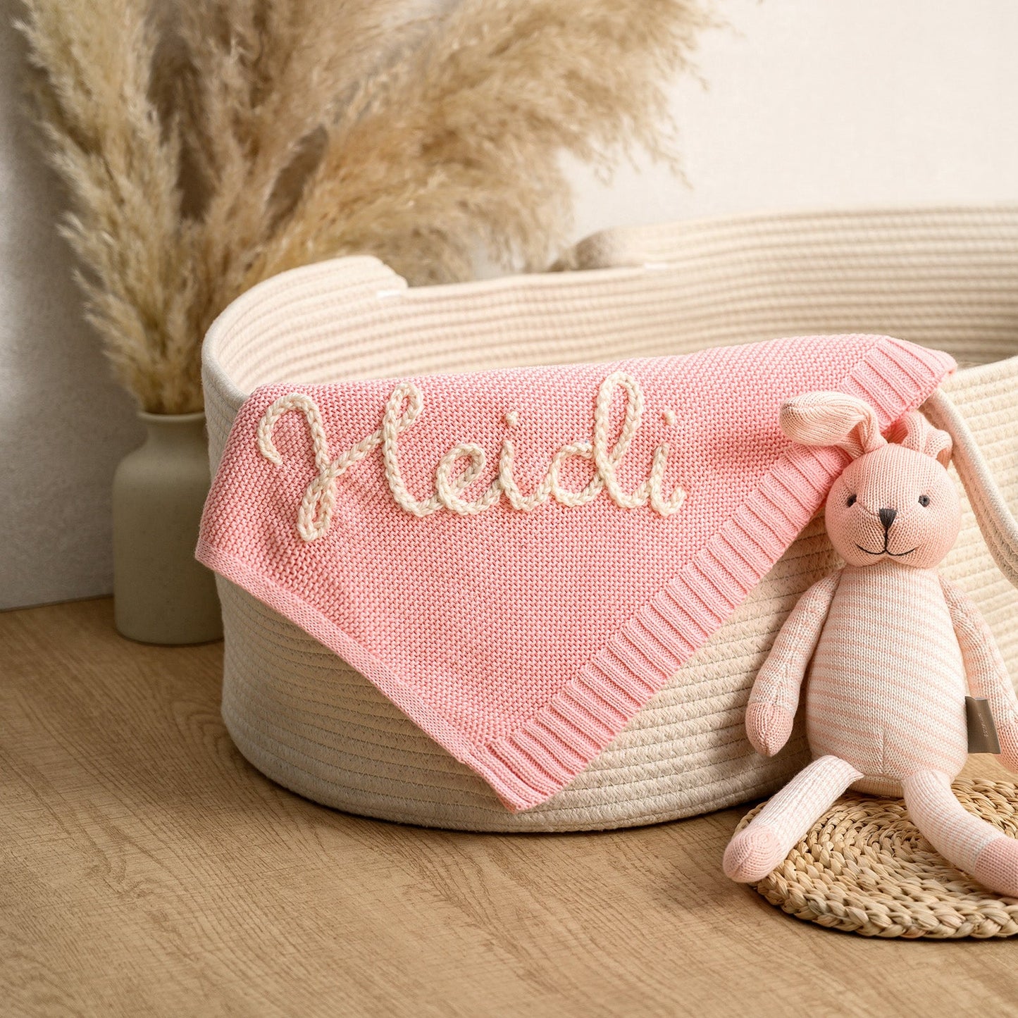Hand Embroidered Baby Name Blanket – Handmade Knit Personalized Blanket, Luxury Newborn Keepsake Gift