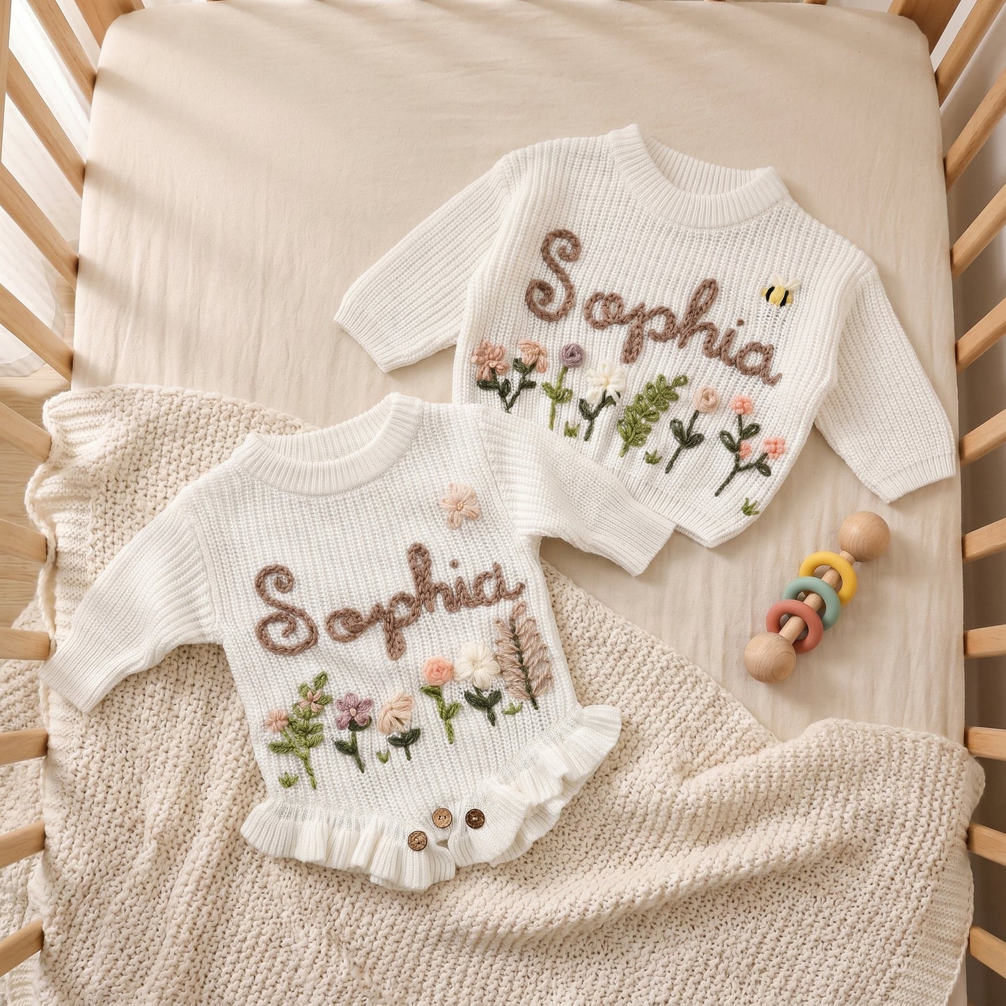 Hand Embroidered Floral Baby Sweater – Custom Name Knit Pullover, Newborn & Infant Gift