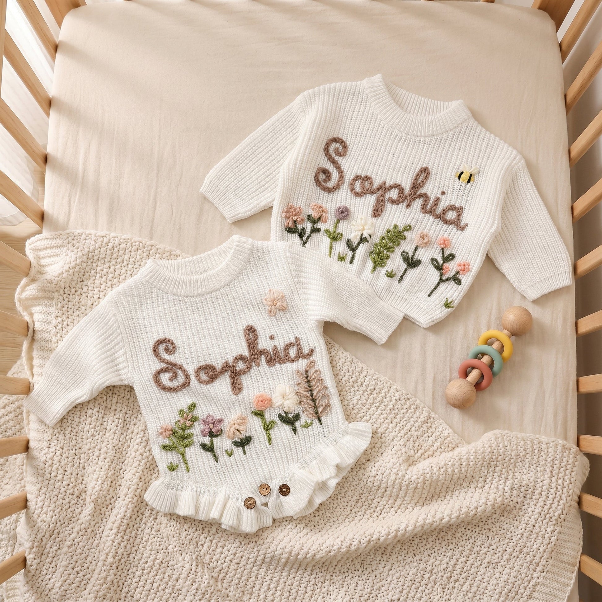 Hand Embroidered Floral Baby Sweater – Custom Name Knit Pullover, Newborn & Infant Gift