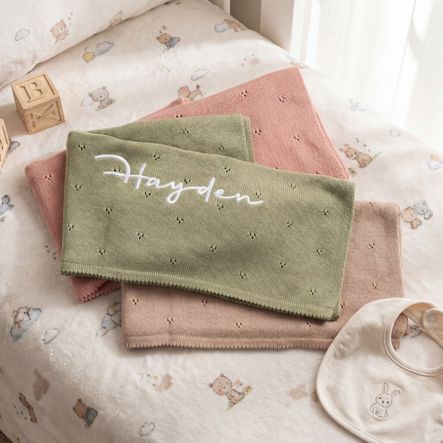 Lightweight Personalized Baby Blanket – Breathable Cotton Knit Infant Blanket, Spring/Summer Newborn Gift