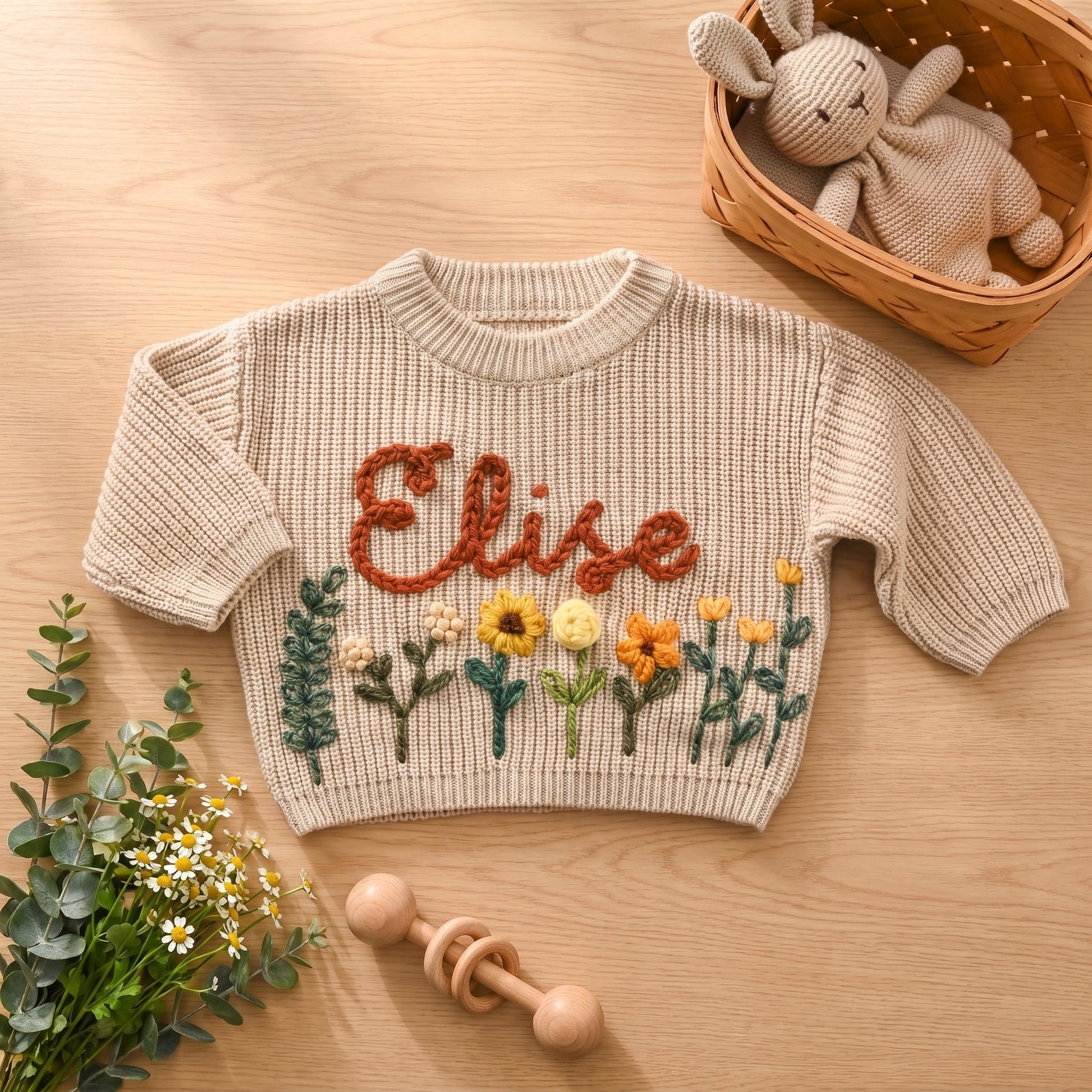 Hand Embroidered Floral Baby Sweater – Custom Name Knit Pullover, Newborn & Infant Gift