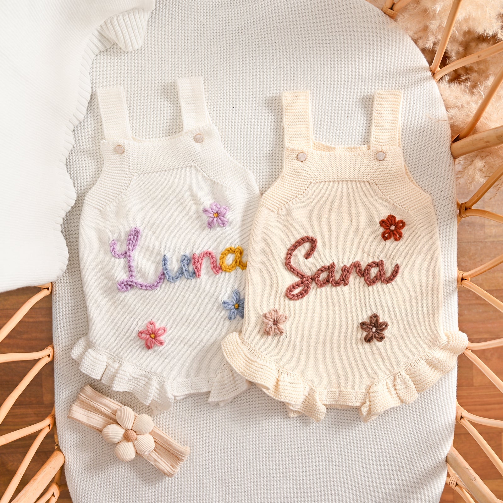 Personalized Baby Girl Romper Dress – Custom Name Embroidered Knit Outfit, Newborn Gift