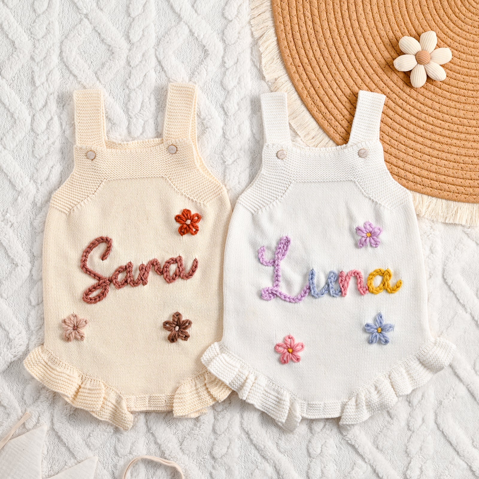 Personalized Baby Girl Romper Dress – Custom Name Embroidered Knit Outfit, Newborn Gift
