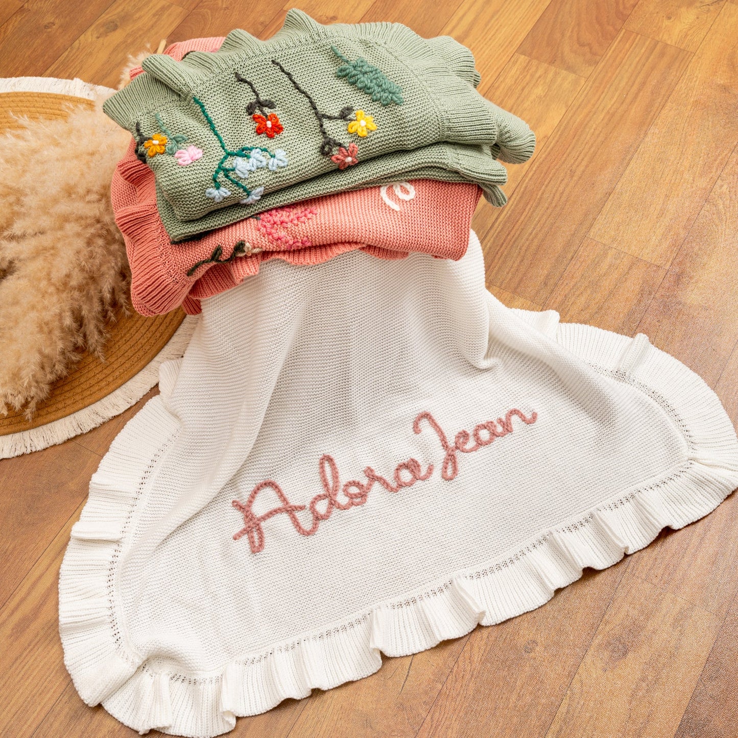 Hand Embroidered Floral Baby Name Blanket – Personalized Knit Newborn Blanket, Custom Keepsake Gift