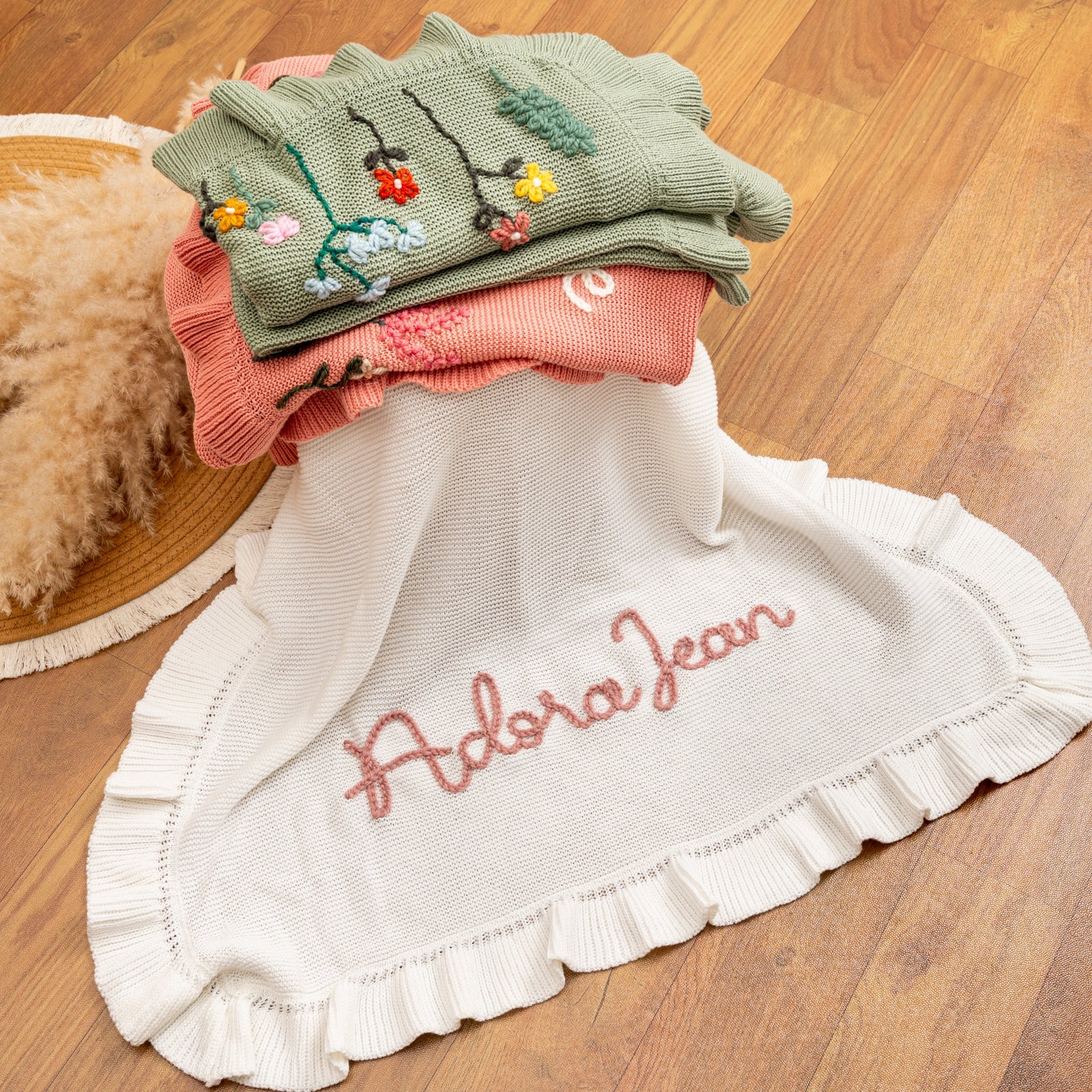 Hand Embroidered Floral Baby Name Blanket – Personalized Knit Newborn Blanket, Custom Keepsake Gift