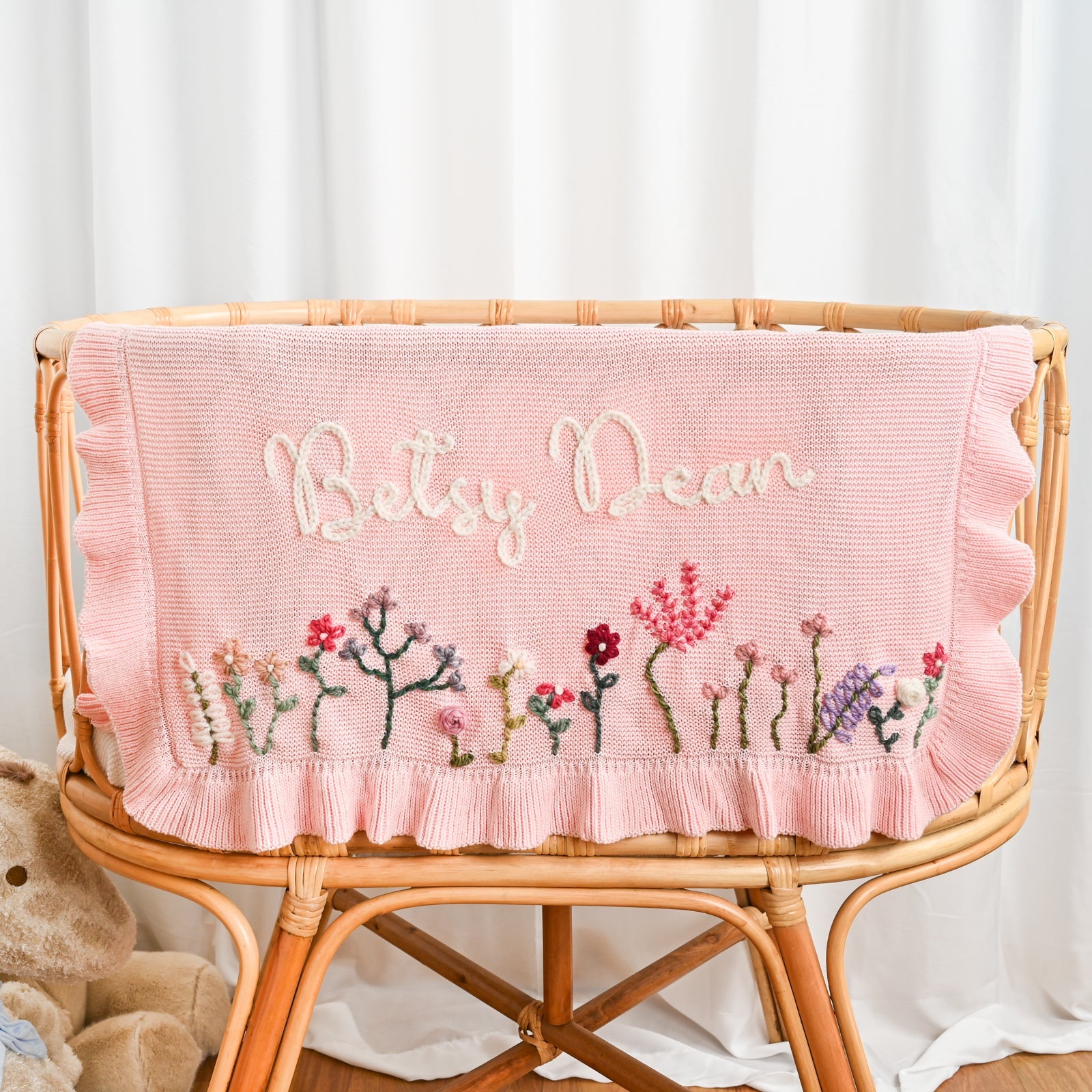 Hand Embroidered Floral Baby Name Blanket – Personalized Knit Newborn Blanket, Custom Keepsake Gift