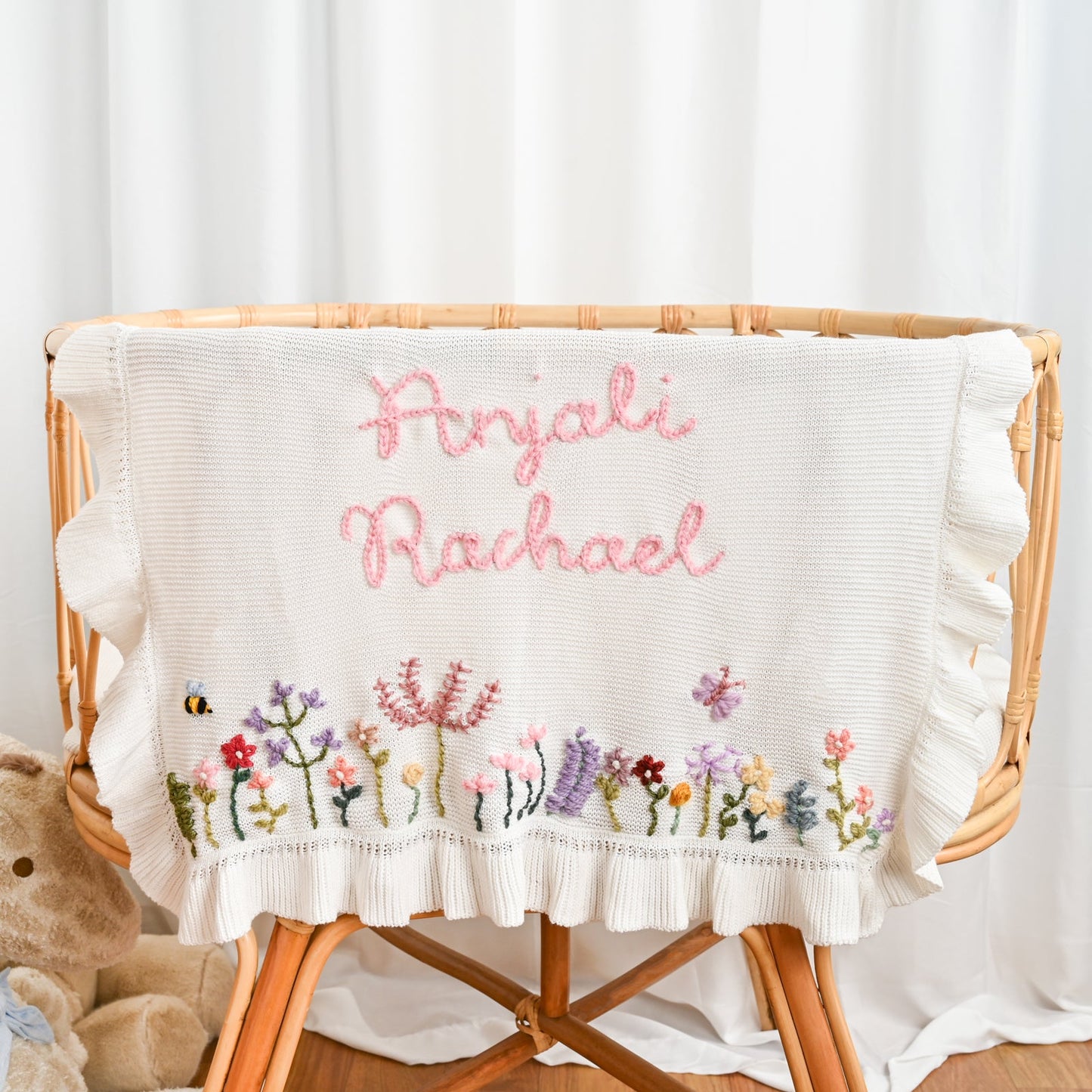 Hand Embroidered Floral Baby Name Blanket – Personalized Knit Newborn Blanket, Custom Keepsake Gift