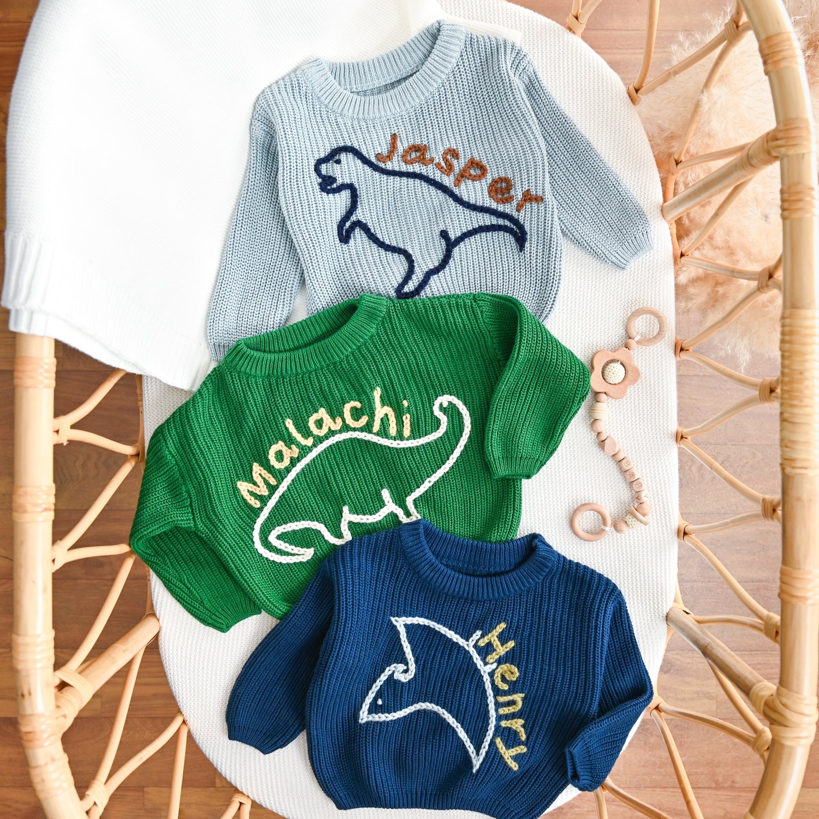 Dinosaur Personalized Baby Sweater – Custom Name Knit Outfit, Toddler Boy Gift