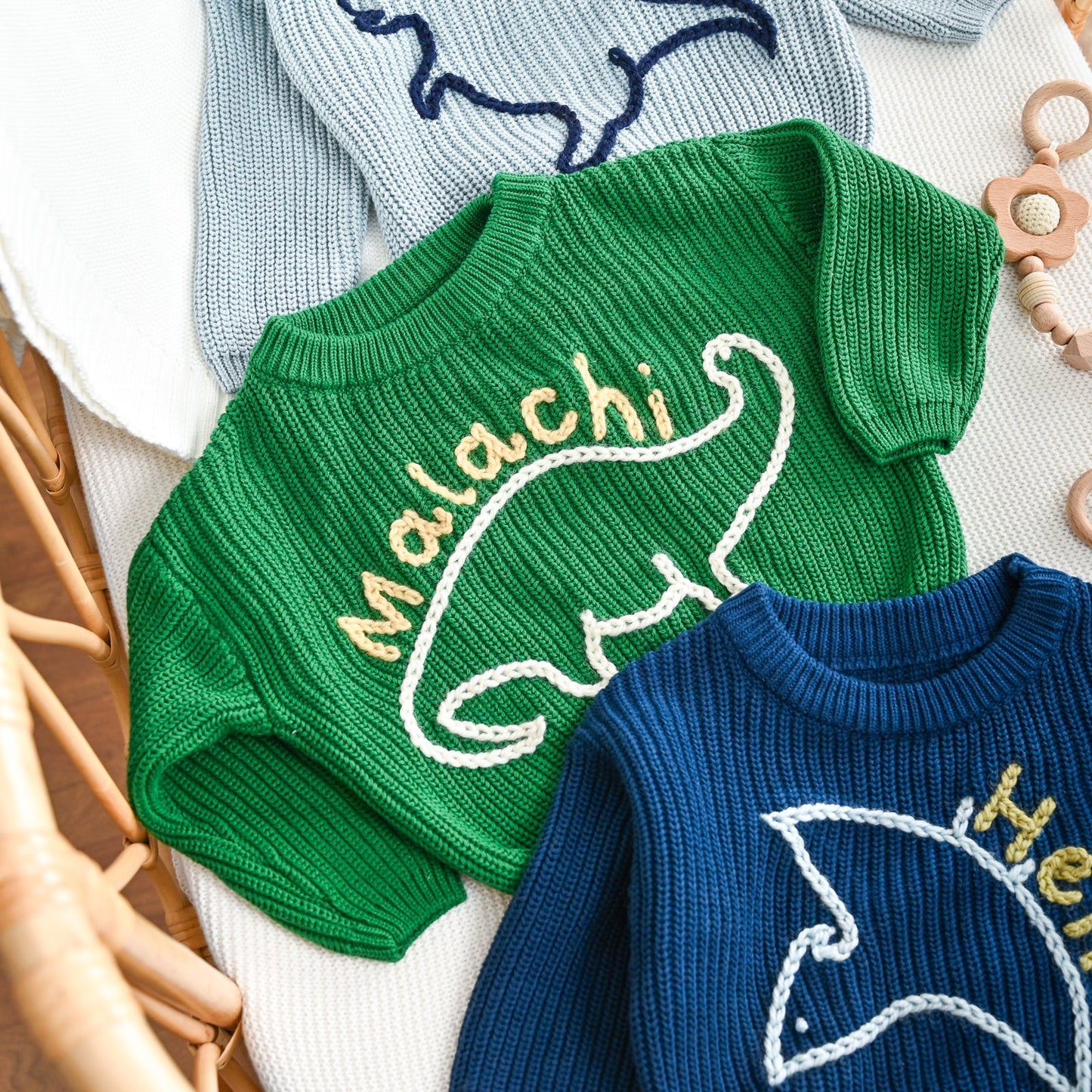 Dinosaur Personalized Baby Sweater – Custom Name Knit Outfit, Toddler Boy Gift