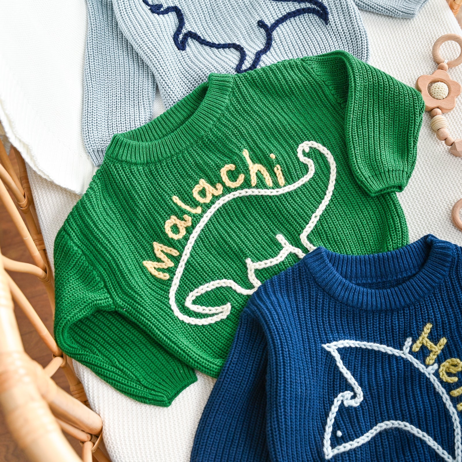 Dinosaur Personalized Baby Sweater – Custom Name Knit Outfit, Toddler Boy Gift