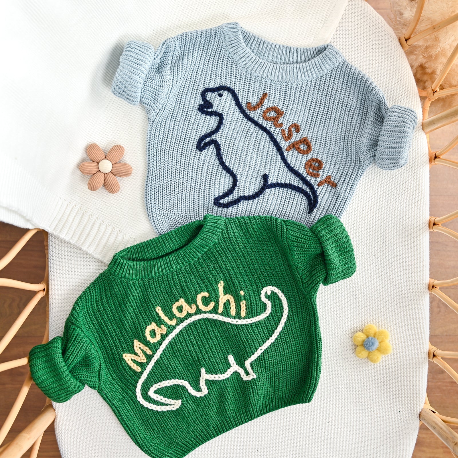 Dinosaur Personalized Baby Sweater – Custom Name Knit Outfit, Toddler Boy Gift