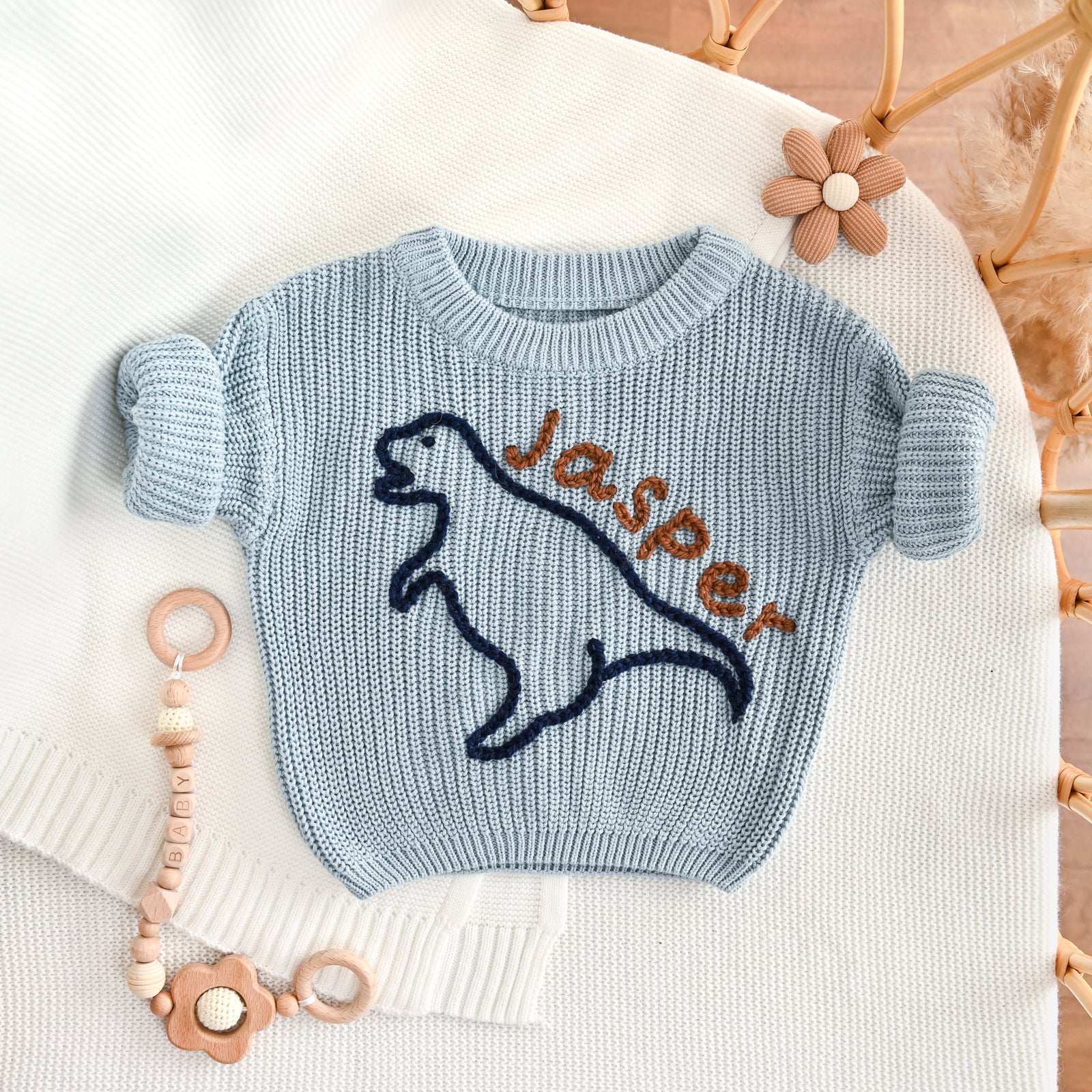 Dinosaur Personalized Baby Sweater – Custom Name Knit Outfit, Toddler Boy Gift
