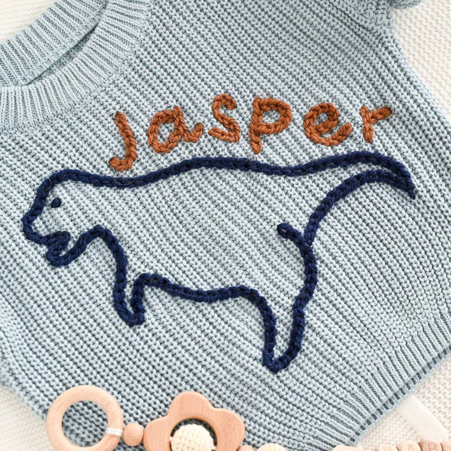 Dinosaur Personalized Baby Sweater – Custom Name Knit Outfit, Toddler Boy Gift
