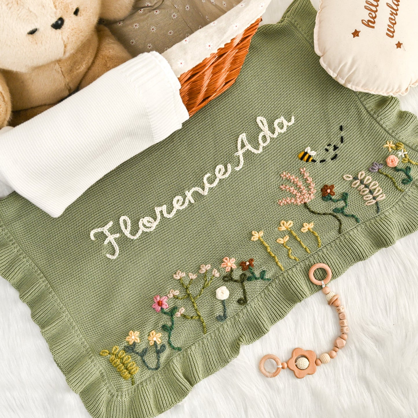 Hand Embroidered Floral Baby Name Blanket – Personalized Knit Newborn Blanket, Custom Keepsake Gift