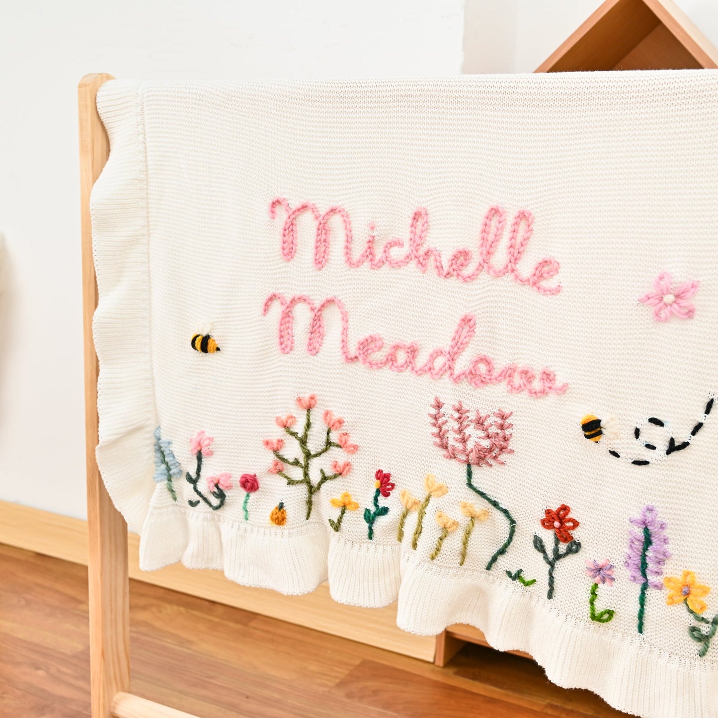 Hand Embroidered Floral Baby Name Blanket – Personalized Knit Newborn Blanket, Custom Keepsake Gift