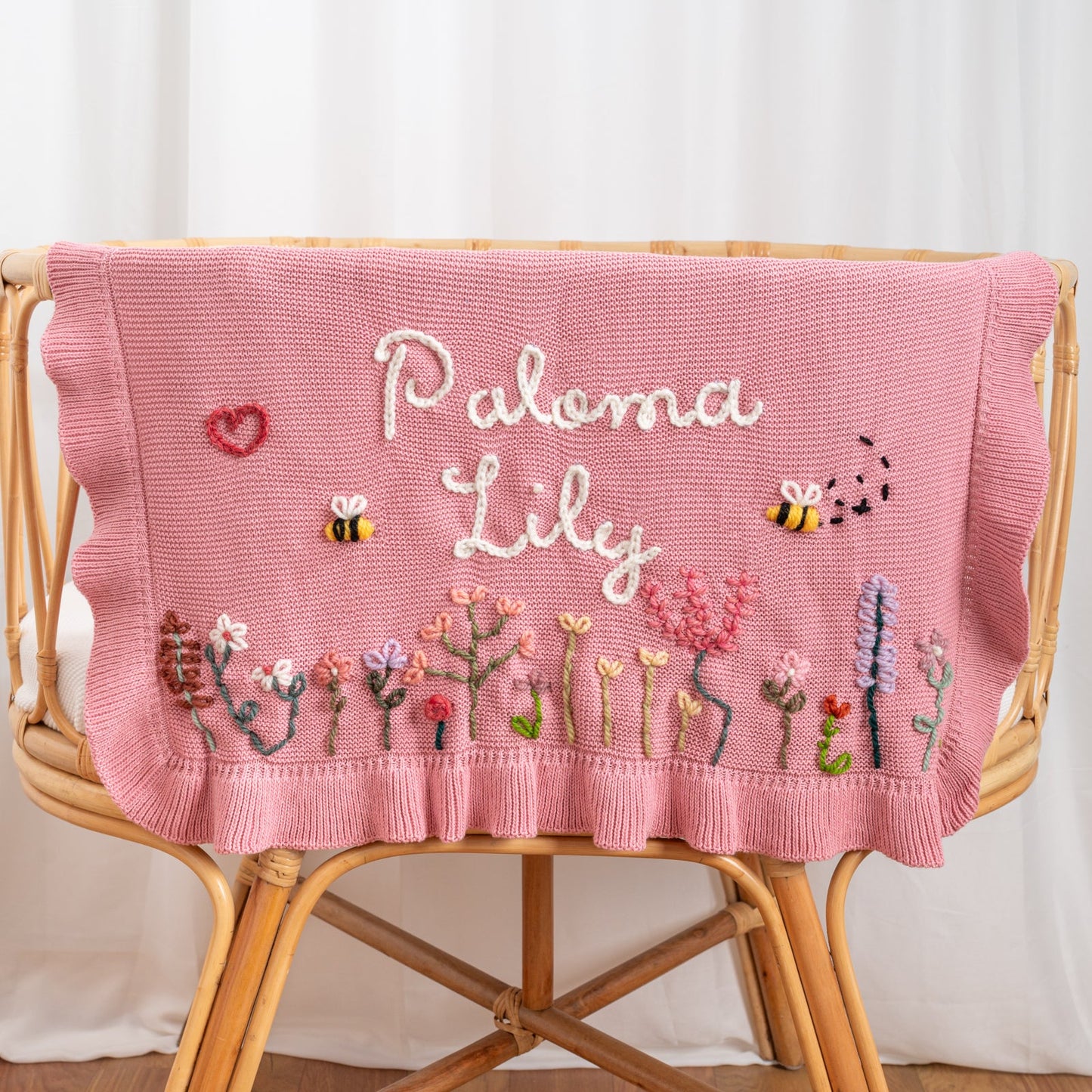 Hand Embroidered Floral Baby Name Blanket – Personalized Knit Newborn Blanket, Custom Keepsake Gift