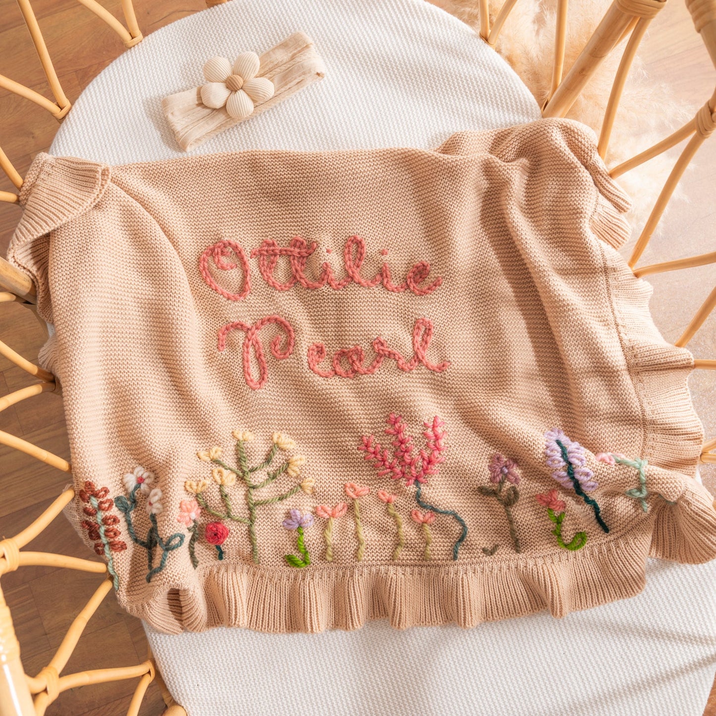 Hand Embroidered Floral Baby Name Blanket – Personalized Knit Newborn Blanket, Custom Keepsake Gift