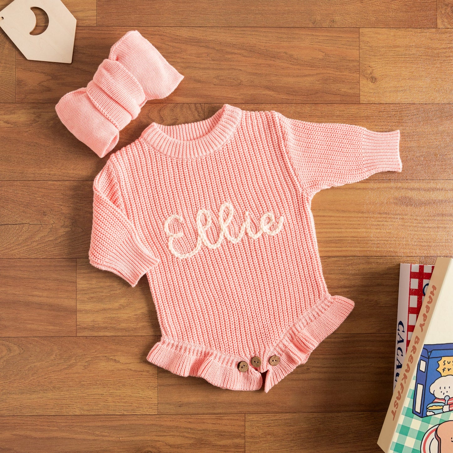 Personalized Baby Romper with Frill – Hand Knit Custom Name Outfit, Newborn Announcement Outfit