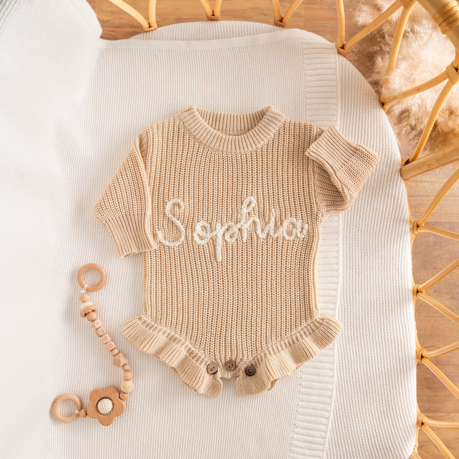 Personalized Baby Romper with Frill – Hand Knit Custom Name Outfit, Newborn Announcement Outfit