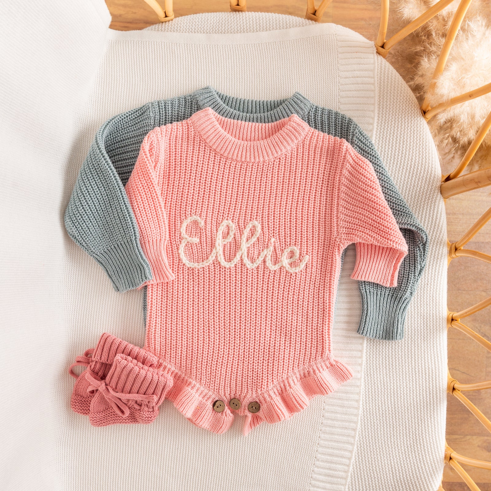 Personalized Baby Romper with Frill – Hand Knit Custom Name Outfit, Newborn Announcement Outfit