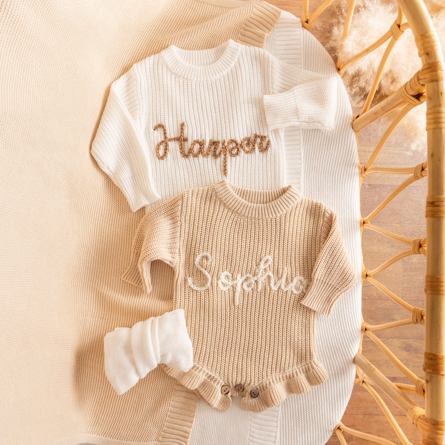 Personalized Baby Romper with Frill – Hand Knit Custom Name Outfit, Newborn Announcement Outfit