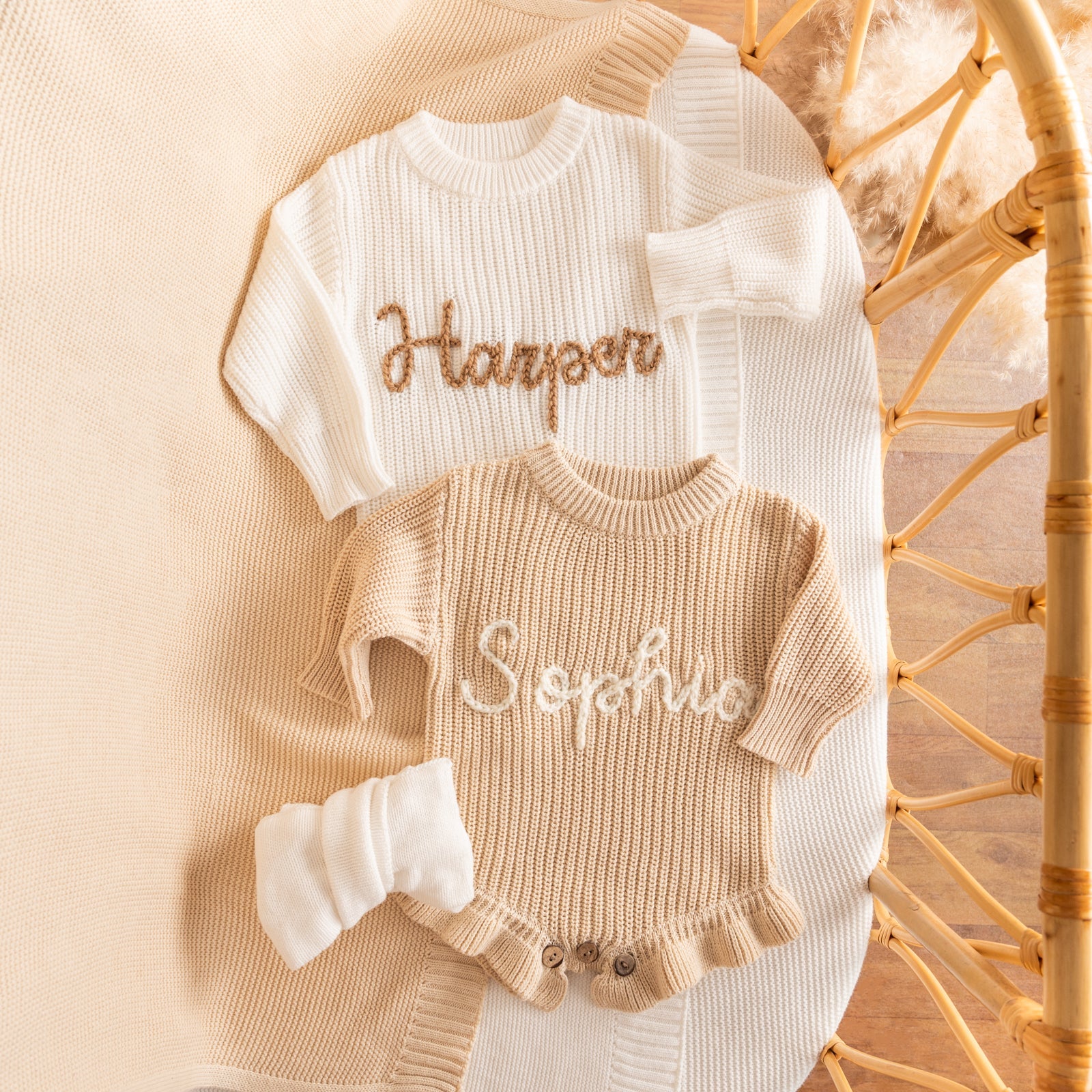 Personalized Baby Romper with Frill – Hand Knit Custom Name Outfit, Newborn Announcement Outfit