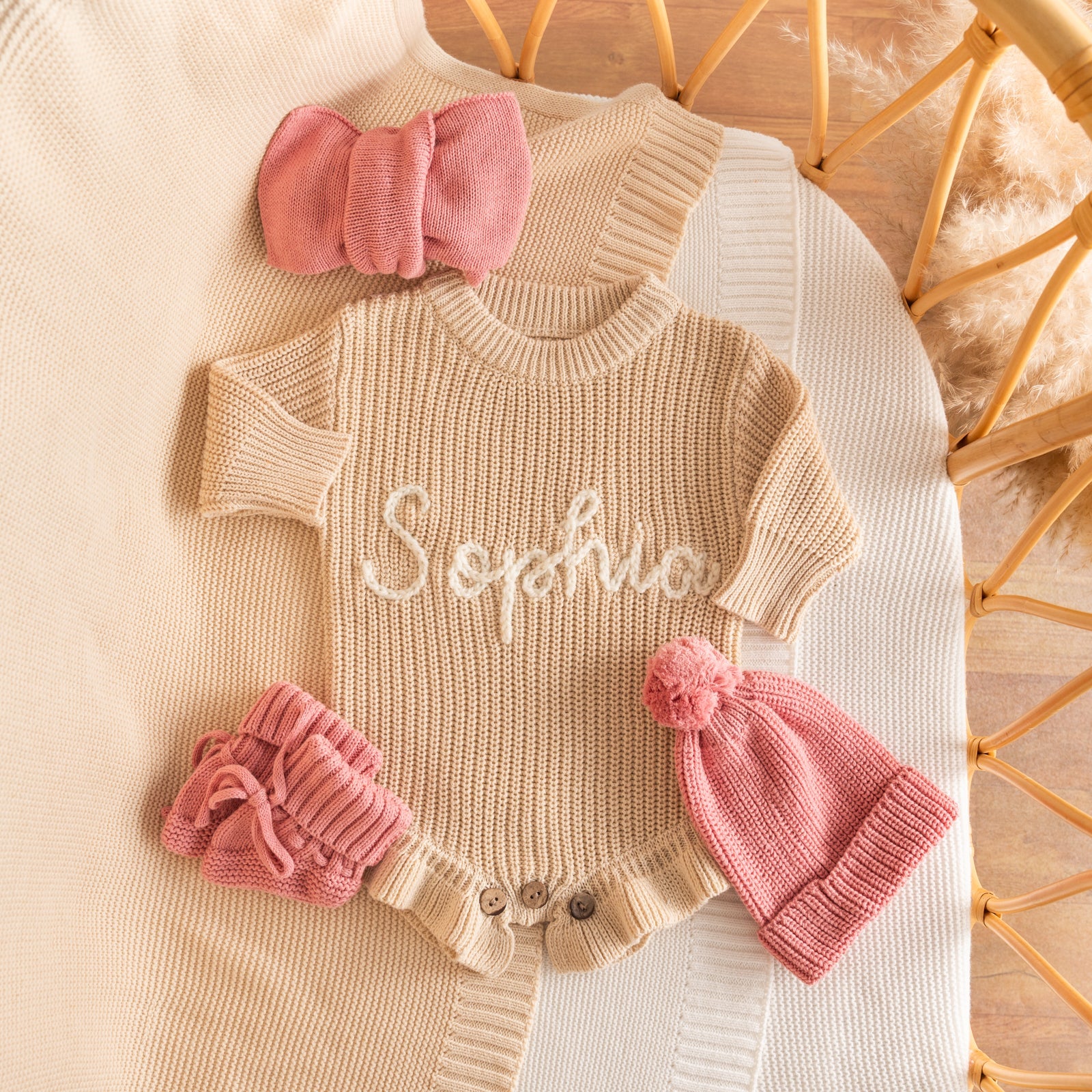 Personalized Baby Romper with Frill – Hand Knit Custom Name Outfit, Newborn Announcement Outfit