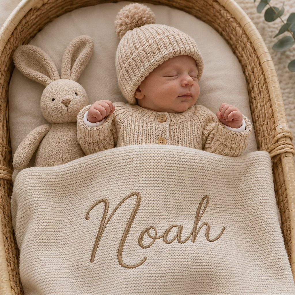 Personalized Embroidered Baby Name Blanket – Soft Cotton Knit Newborn Blanket, Baby Shower Gift