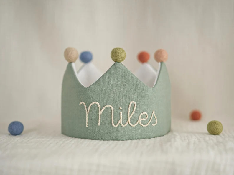 Personalized Baby Birthday Crown – Hand Embroidered Linen Crown, First Birthday Outfit, Cake Smash Photo Prop