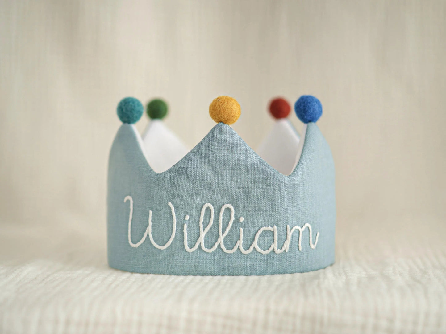 Personalized Baby Birthday Crown – Hand Embroidered Linen Crown, First Birthday Outfit, Cake Smash Photo Prop