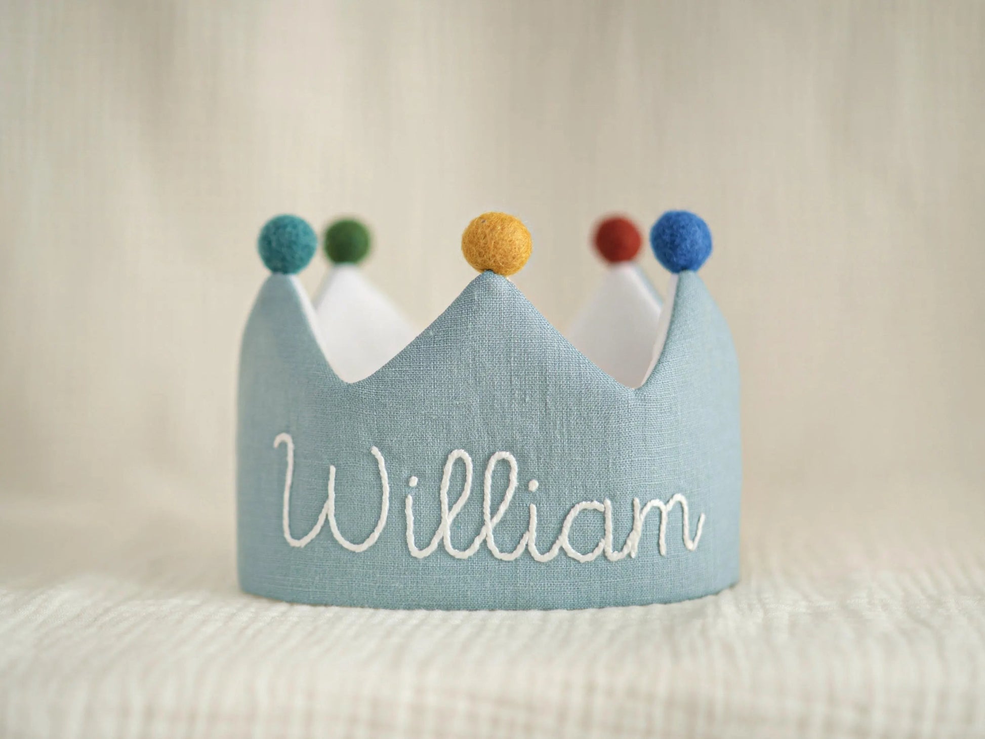 Personalized Baby Birthday Crown – Hand Embroidered Linen Crown, First Birthday Outfit, Cake Smash Photo Prop