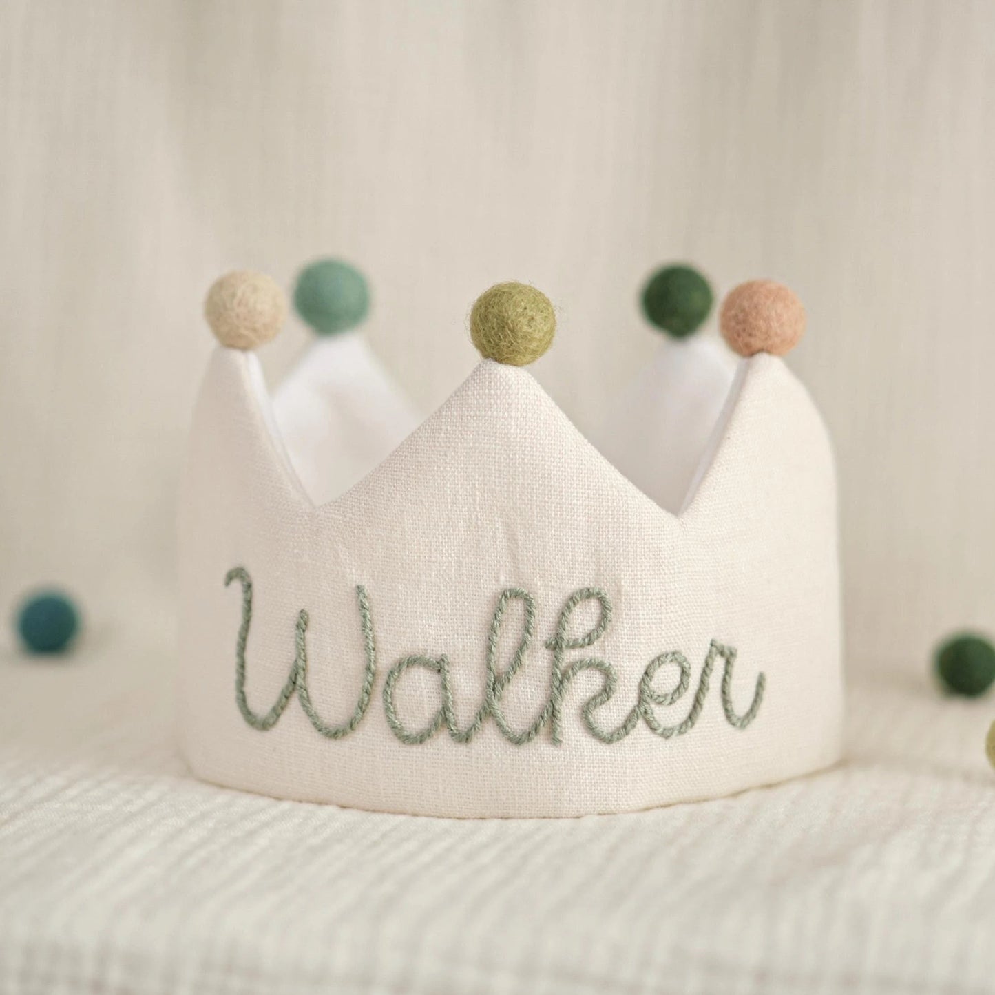 Personalized Baby Birthday Crown – Hand Embroidered Linen Crown, First Birthday Outfit, Cake Smash Photo Prop