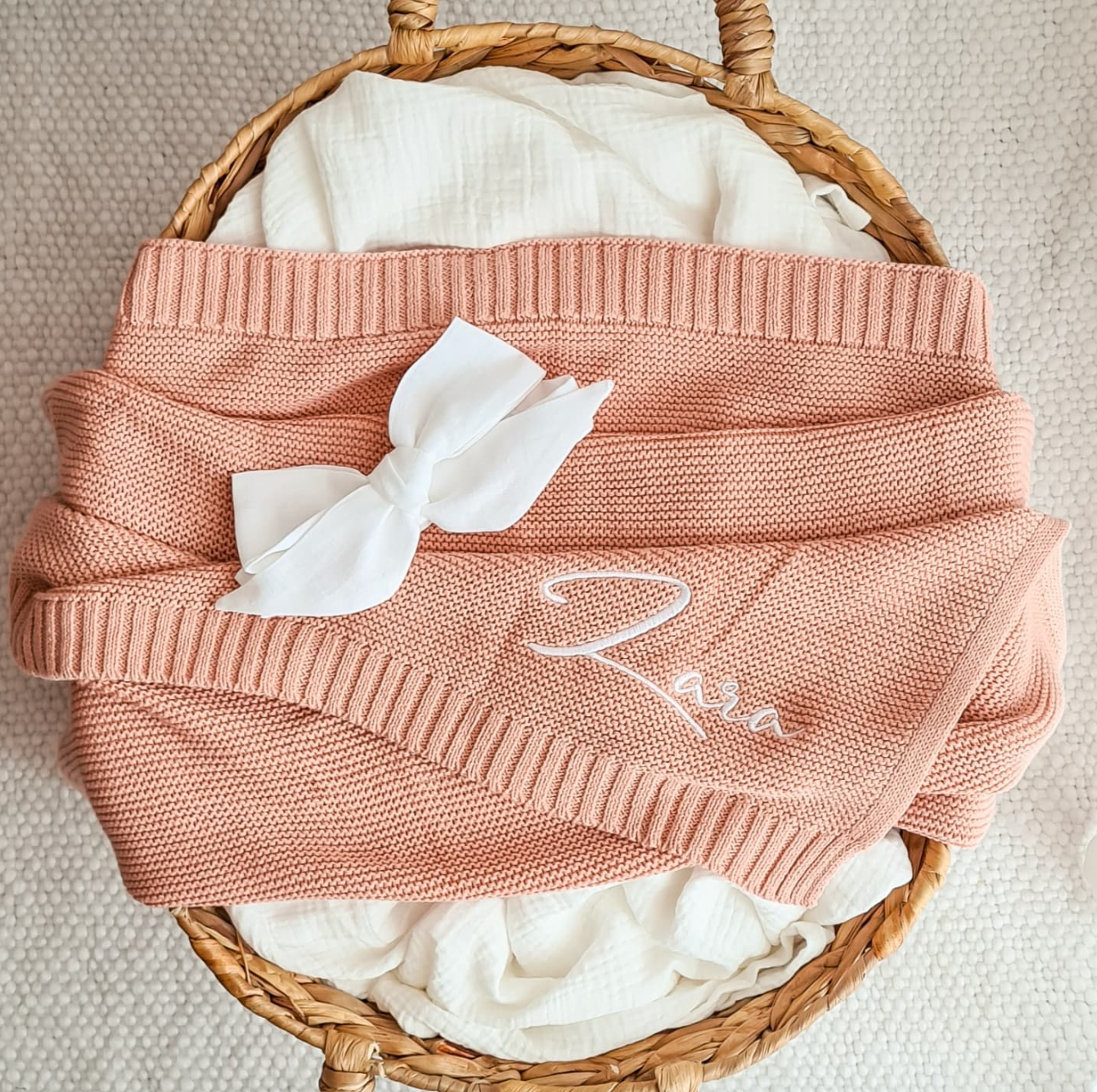 Personalized Embroidered Baby Name Blanket – Soft Cotton Knit Newborn Blanket, Baby Shower Gift