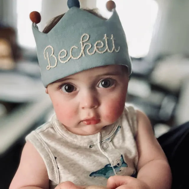 Personalized Baby Birthday Crown – Hand Embroidered Linen Crown, First Birthday Outfit, Cake Smash Photo Prop