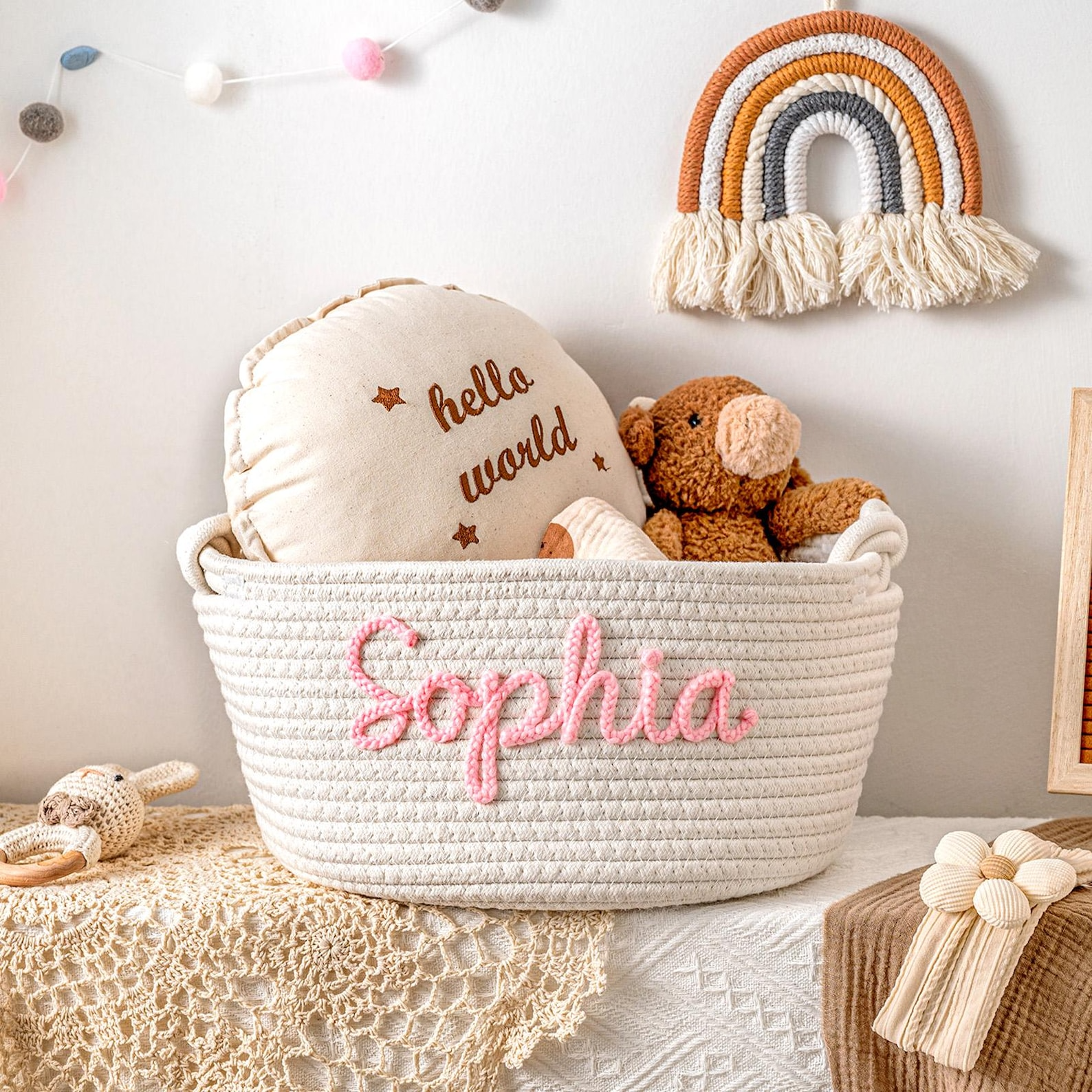 Personalized Baby Gift Basket – Custom Name Cotton Rope Storage Bin, Nursery Organizer, Baby Shower Gift