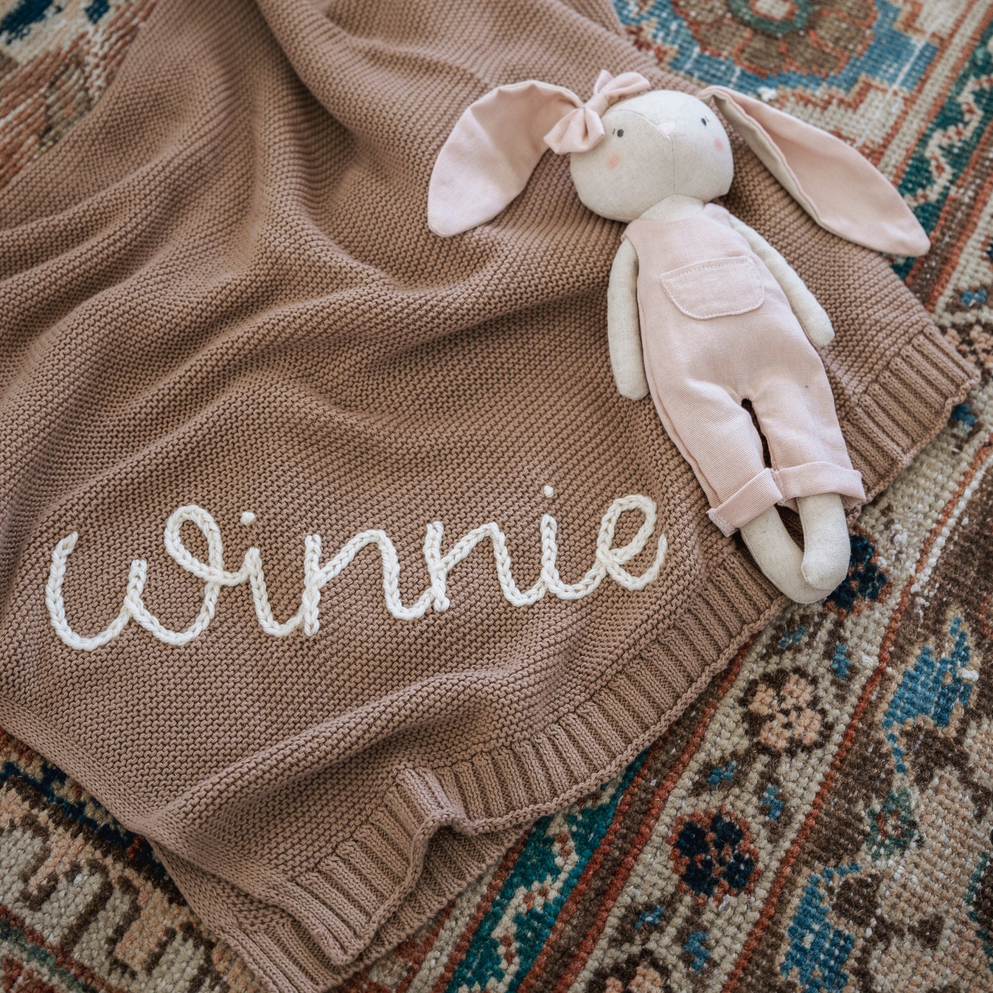 Hand Embroidered Baby Name Blanket – Handmade Knit Personalized Blanket, Luxury Newborn Keepsake Gift